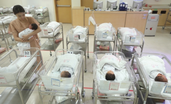 서울 중구 묵정동 제일병원 신생아실에서 간호사들이 신생아들을 돌보고 있다.