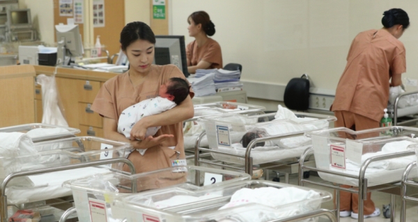 서울 중구 묵정동 제일병원 신생아실에서 간호사들이 신생아들을 돌보고 있다.
