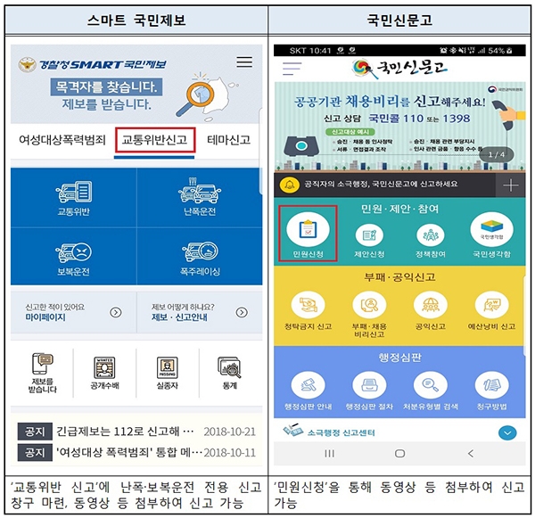 스마트폰 앱(스마트 국민제보 및 국민신문고) 화면.