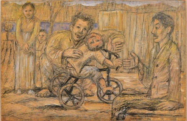 이중섭_시인 구상의 가족, 1955, 종이에 연필, 유채, 32×29.5cm, 개인 소장  [국립현대미술관 제공]
