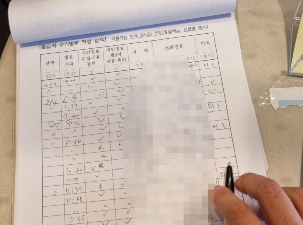 5일 오후 서울 성북구 소재 한 프랜차이즈 카페에 비치된 수기출입명부. (사진 뉴스1)
