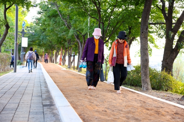 안양천 황톳길을 찾은 구민들이 맨발로 걷고 있다.