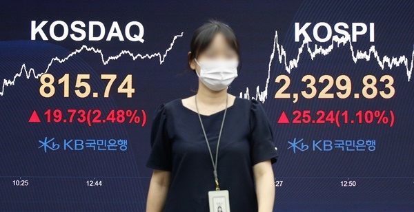 코스닥지수가 2.48% 급등 마감한 24일 오후 서울 영등포구 KB국민은행 여의도지점 스마트딜링룸.