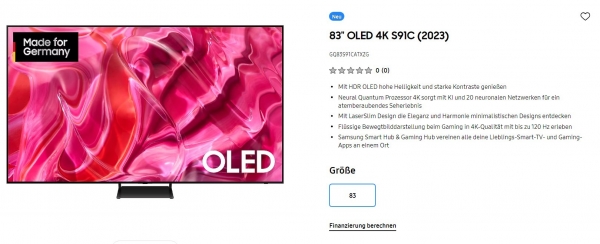 삼성전자 독일 판매 홈페이지에 등록된 83형 OLED TV. (삼성전자 독일 스토어 갈무리)