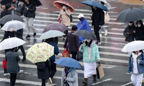전국 대부분 지역에 비가 내리는 11일 오전 경북 경산시 대학로에서 우산을 쓴 시민들이 발걸음을 재촉하고 있다.