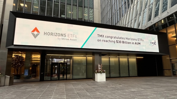 캐나다 현지 거래소에 게재된 Horizons ETFs 운용자산 300억 캐나다달러 돌파 기념 이미지.